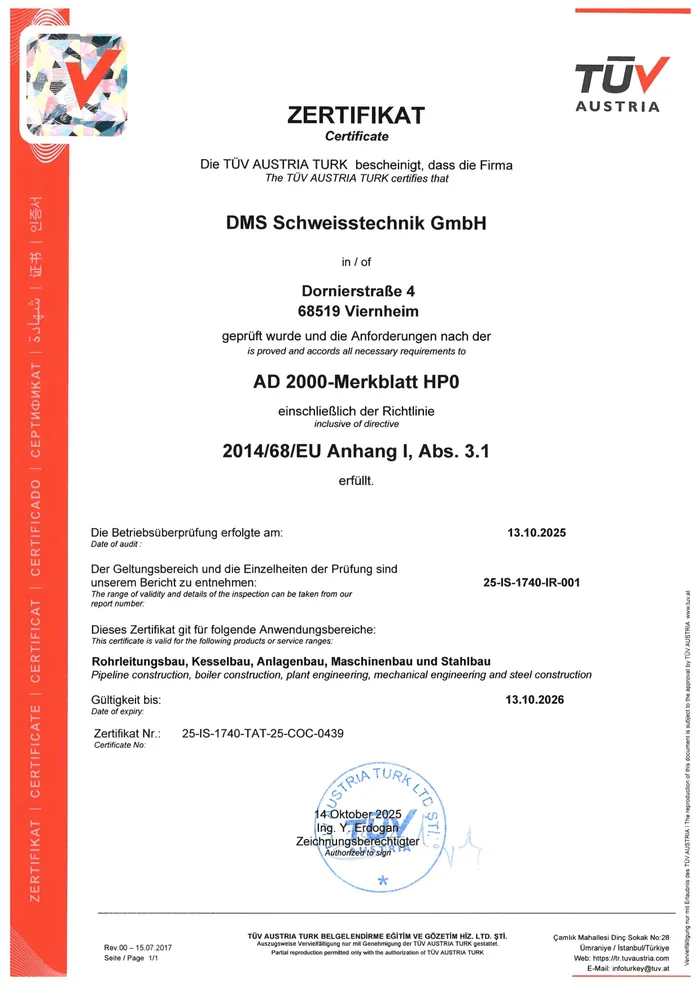 Zertifikat AD 2000-Merkblatt HP0 der DMS Schweisstechnik GmbH