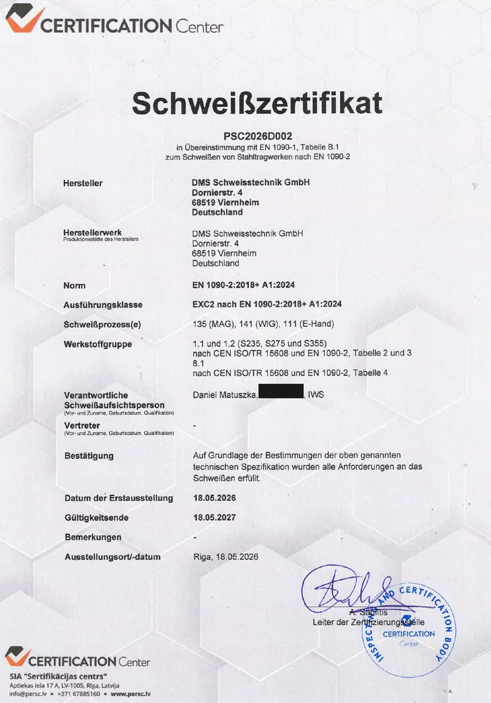 Zertifikat EN 1090-2 Schweißzertifikat der DMS Schweisstechnik GmbH