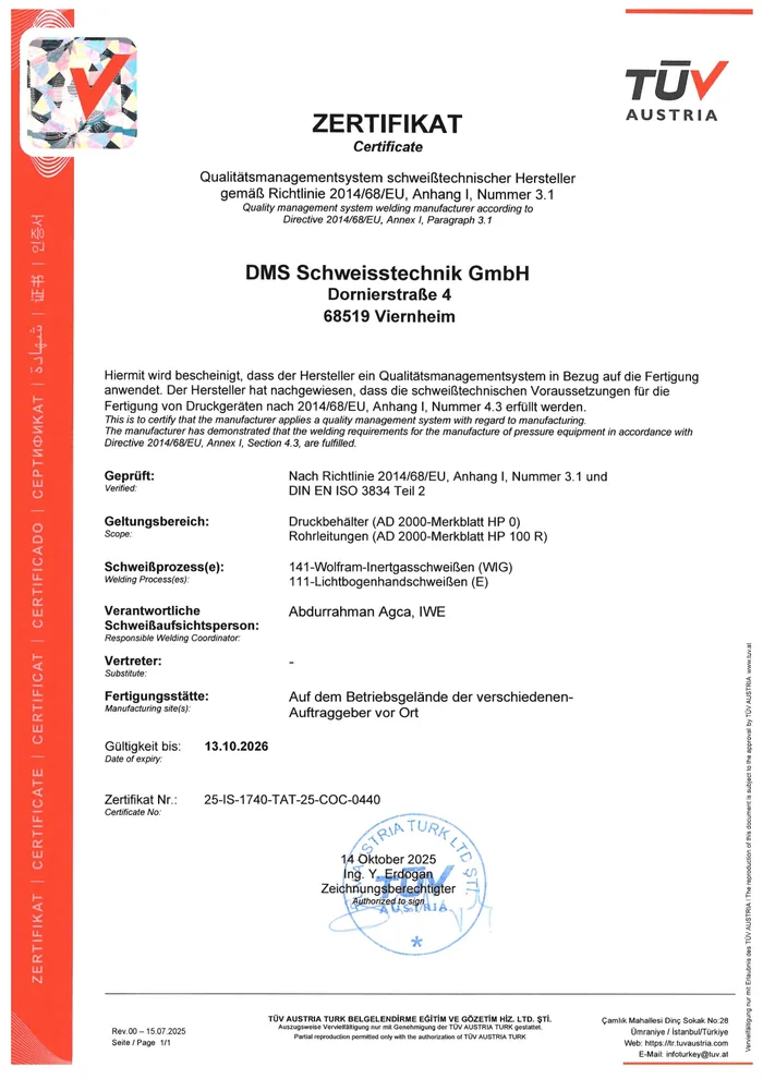 Zertifikat DIN EN ISO 3834-2 der DMS Schweisstechnik GmbH